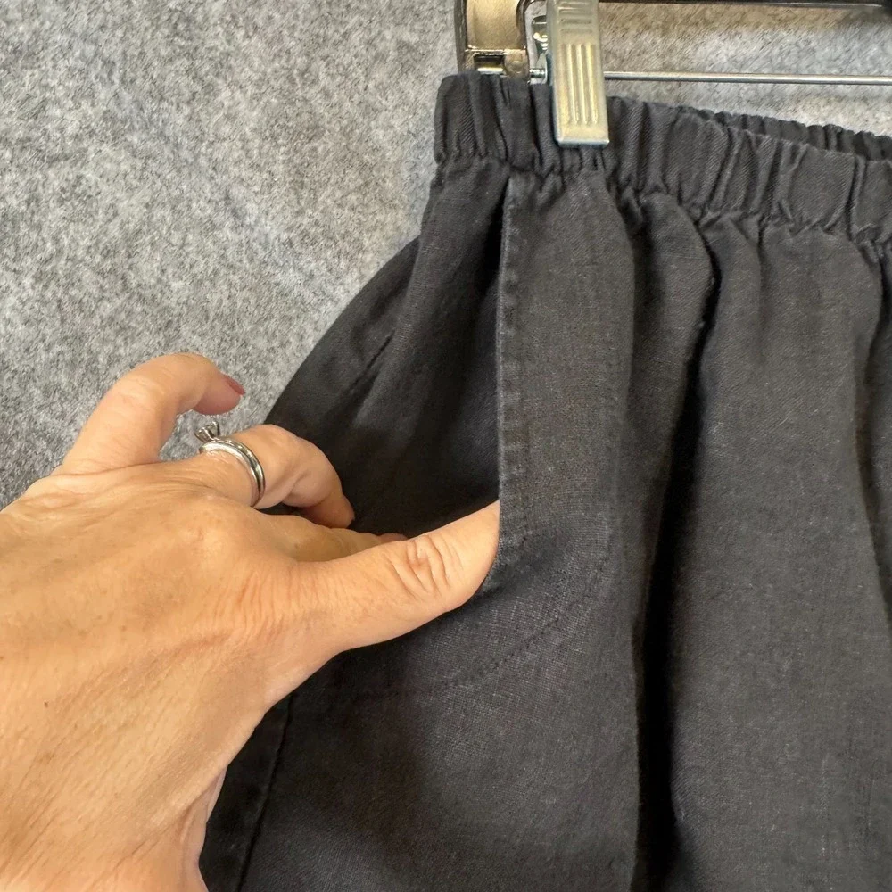 Mosaic Linen Wide Leg Pants Womens Large Black Elastic Waist Lagenlook Boho - Picture 5 of 10